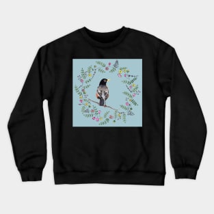 American Robin with Flower Wreath and blue background Crewneck Sweatshirt